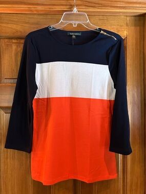 Lauren Ralph Lauren Navy White and Orange 3/4 Sleeves Crewneck Cotton Top